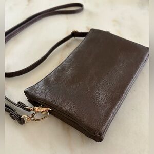 Bronze convertible crossbody/wristlet/clutch with gold hardware
